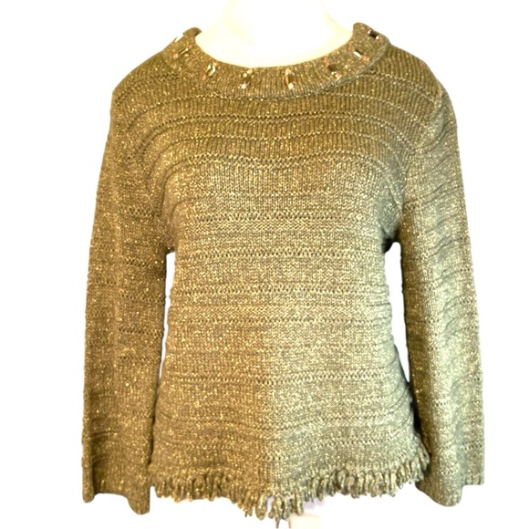 Gold Metallic Jewel Faceted Stone Neckline Sweater - Picture 14 of 14